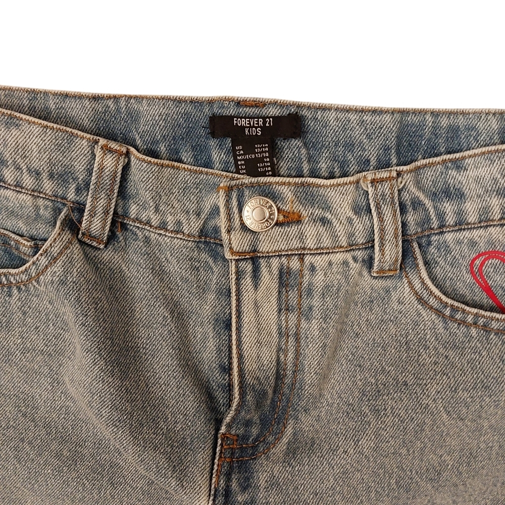Forever 21 Girls Blue Jean Shorts - Size 13/14, Hearts & Cherries Design - Picture 4 of 7